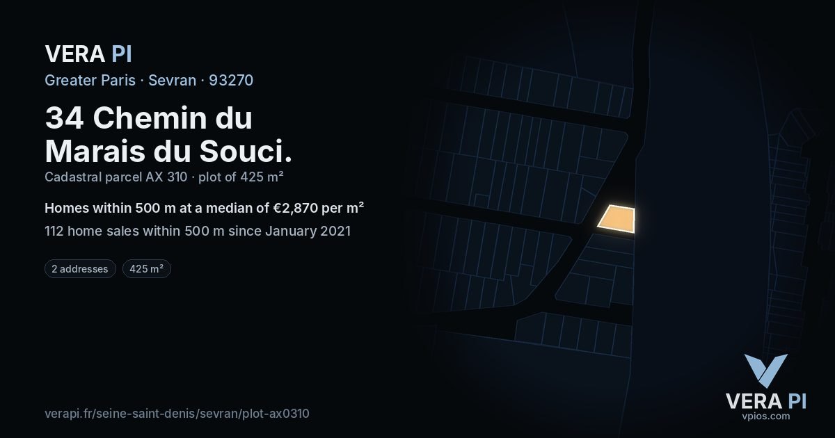 34 Chemin du Marais du Souci, Sevran at night – the plot lit, the parcels around coloured by the prices near them