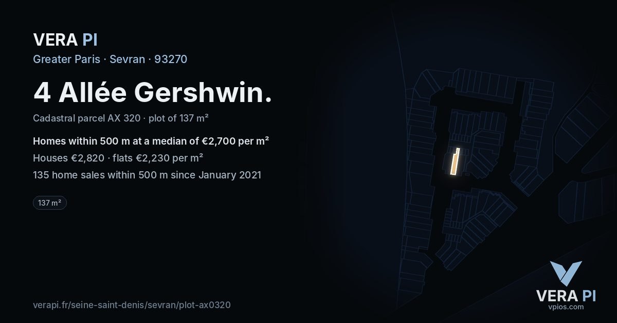 4 Allée Gershwin, Sevran at night – the plot lit, the parcels around coloured by the prices near them