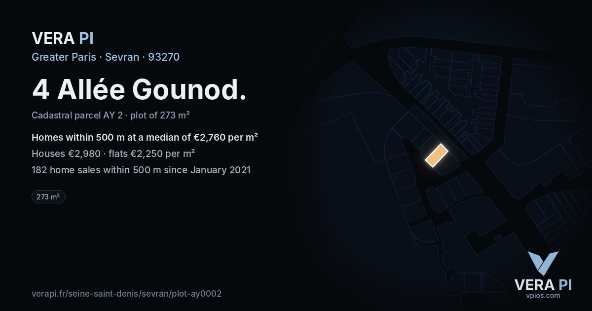 4 Allée Gounod, Sevran at night – the plot lit, the parcels around coloured by the prices near them