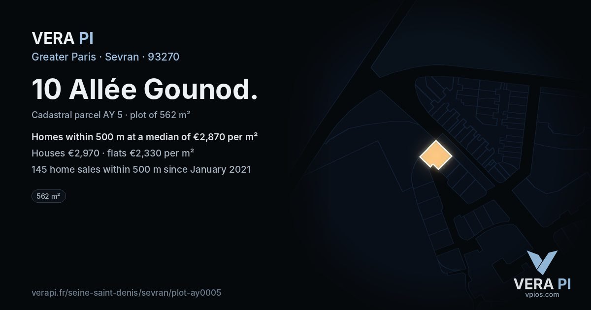 10 Allée Gounod, Sevran at night – the plot lit, the parcels around coloured by the prices near them