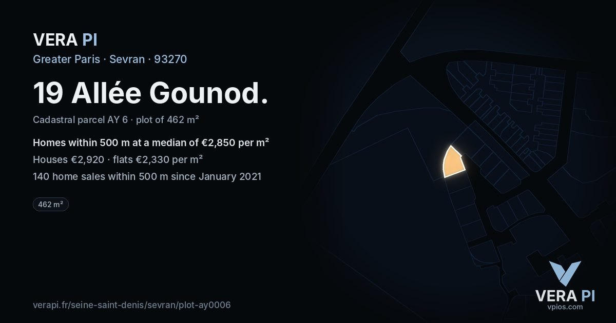 19 Allée Gounod, Sevran at night – the plot lit, the parcels around coloured by the prices near them