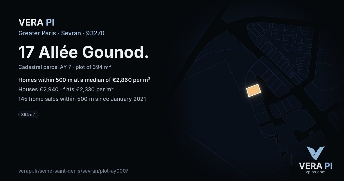 17 Allée Gounod, Sevran at night – the plot lit, the parcels around coloured by the prices near them