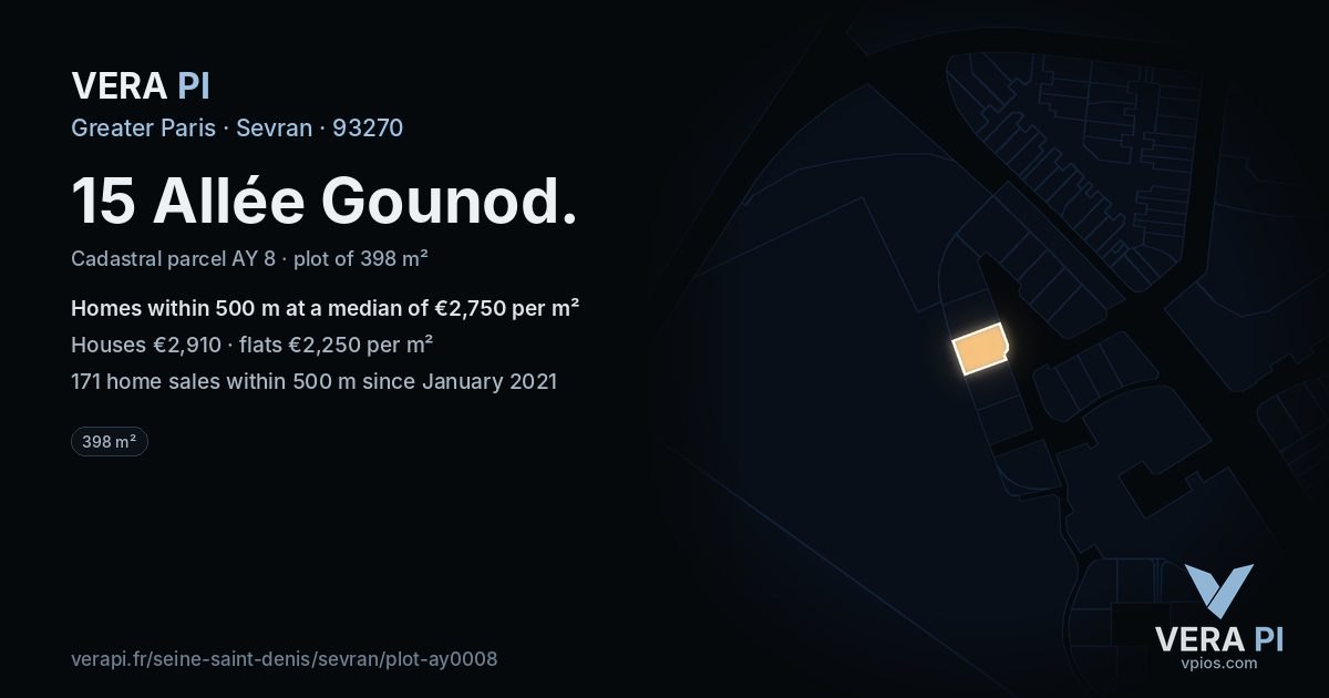 15 Allée Gounod, Sevran at night – the plot lit, the parcels around coloured by the prices near them
