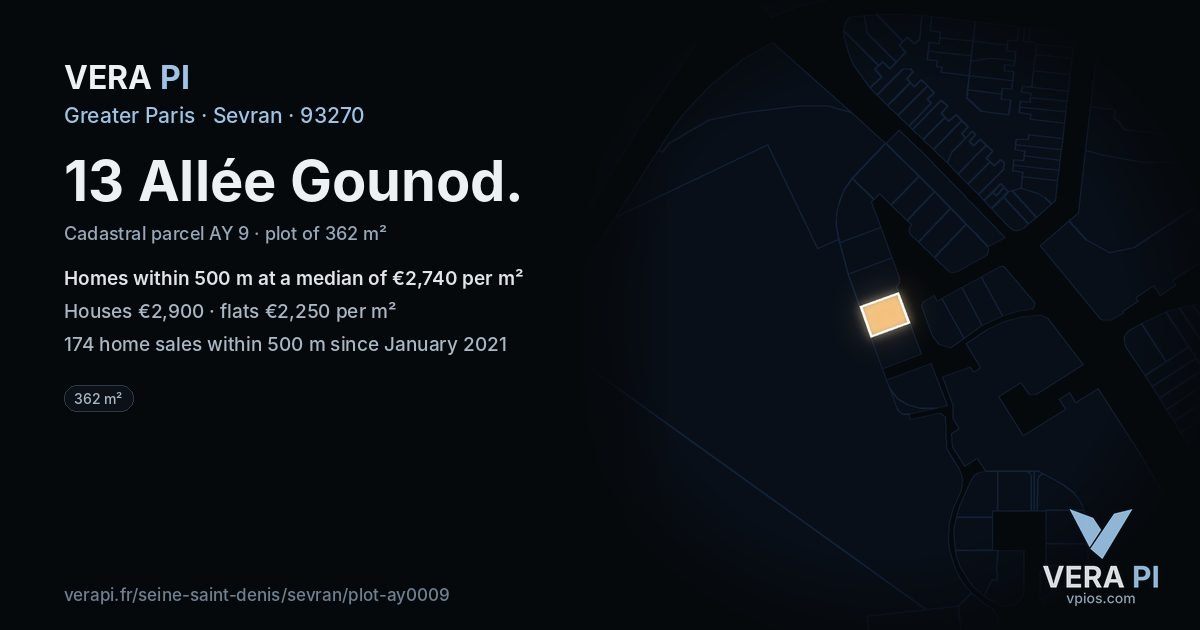 13 Allée Gounod, Sevran at night – the plot lit, the parcels around coloured by the prices near them