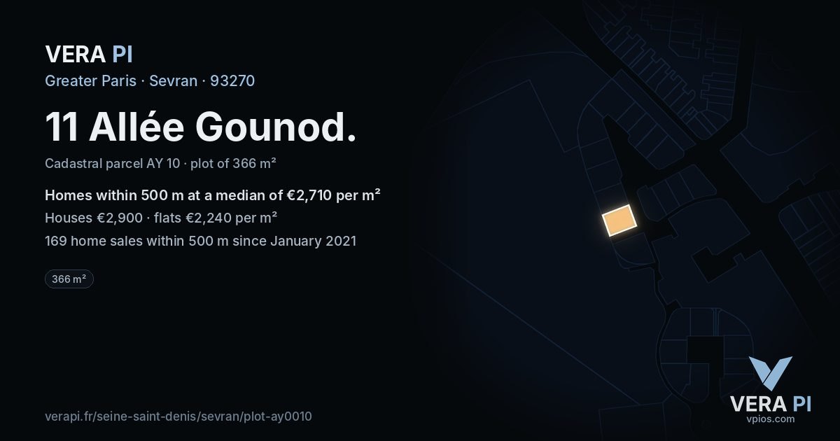11 Allée Gounod, Sevran at night – the plot lit, the parcels around coloured by the prices near them