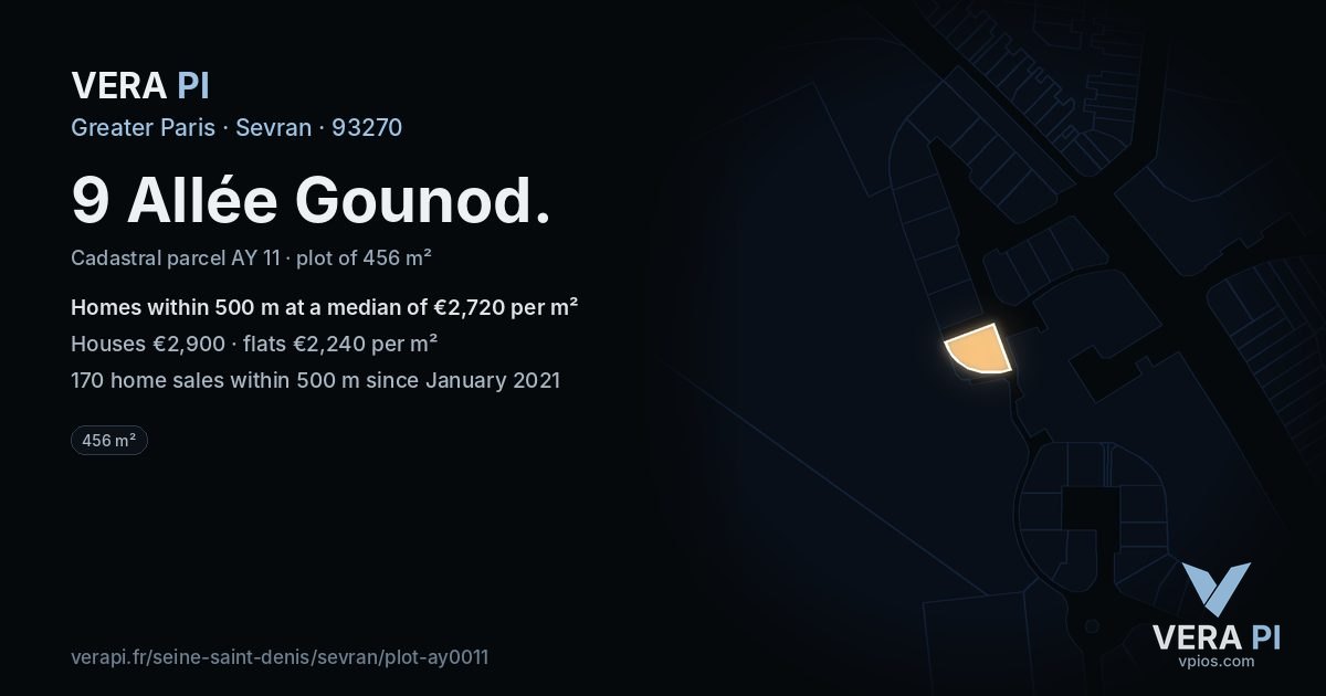 9 Allée Gounod, Sevran at night – the plot lit, the parcels around coloured by the prices near them
