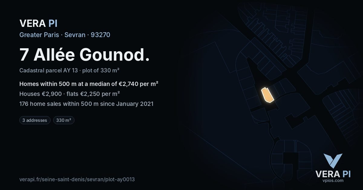 7 Allée Gounod, Sevran at night – the plot lit, the parcels around coloured by the prices near them
