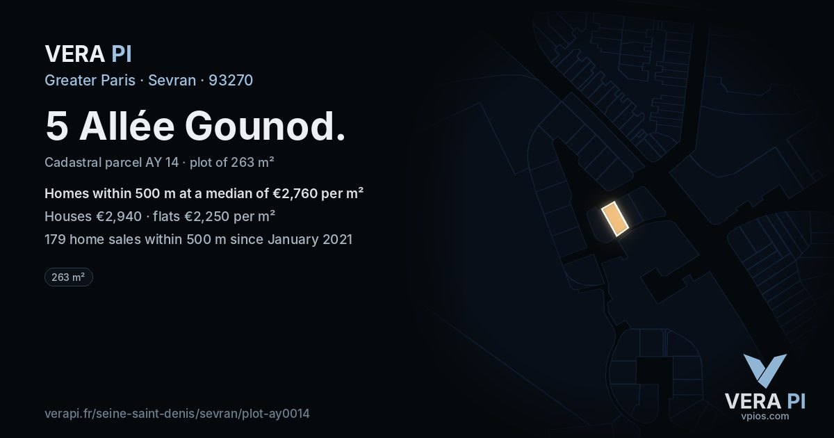 5 Allée Gounod, Sevran at night – the plot lit, the parcels around coloured by the prices near them