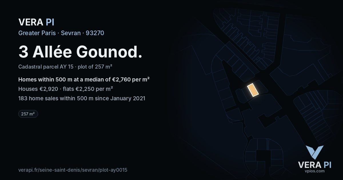 3 Allée Gounod, Sevran at night – the plot lit, the parcels around coloured by the prices near them