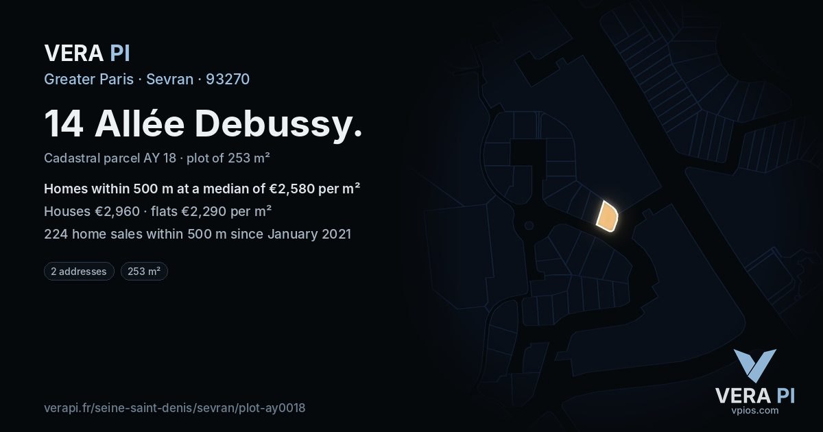 14 Allée Debussy, Sevran at night – the plot lit, the parcels around coloured by the prices near them