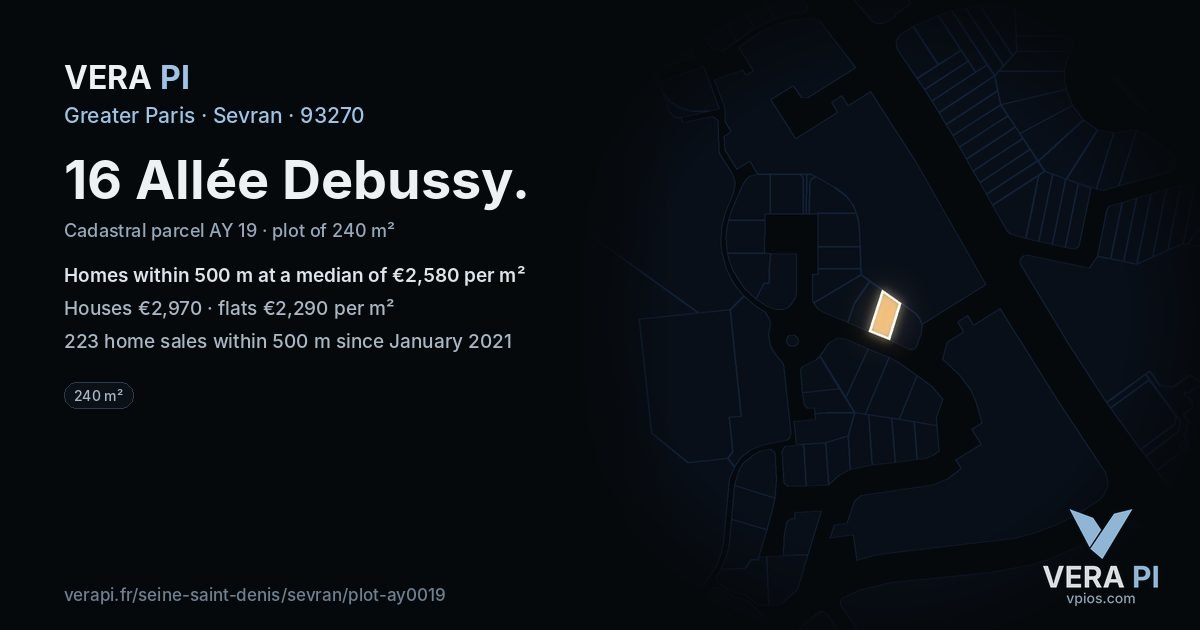 16 Allée Debussy, Sevran at night – the plot lit, the parcels around coloured by the prices near them