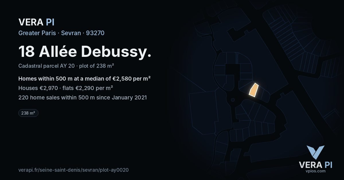18 Allée Debussy, Sevran at night – the plot lit, the parcels around coloured by the prices near them