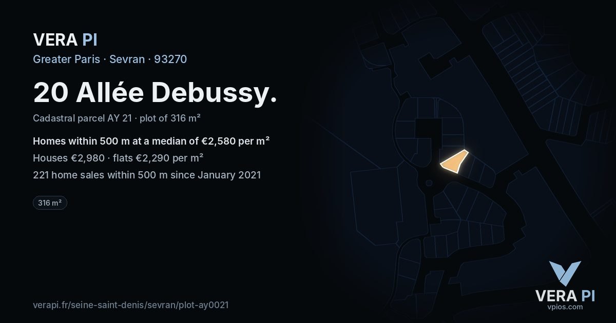 20 Allée Debussy, Sevran at night – the plot lit, the parcels around coloured by the prices near them
