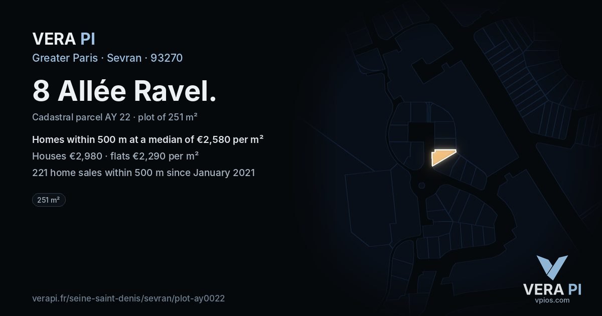 8 Allée Ravel, Sevran at night – the plot lit, the parcels around coloured by the prices near them