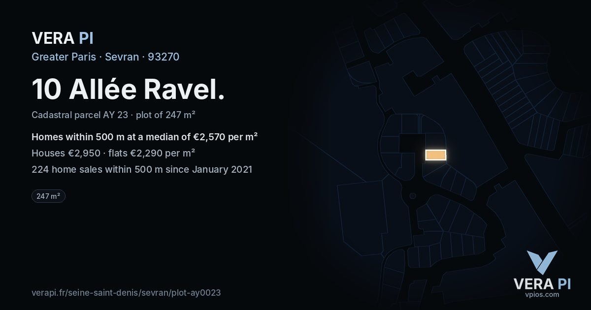 10 Allée Ravel, Sevran at night – the plot lit, the parcels around coloured by the prices near them