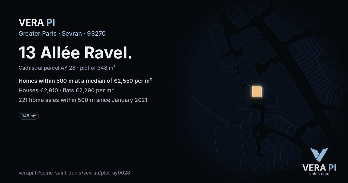 13 Allée Ravel, Sevran at night – the plot lit, the parcels around coloured by the prices near them