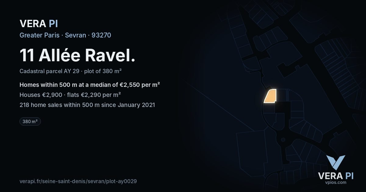 11 Allée Ravel, Sevran at night – the plot lit, the parcels around coloured by the prices near them