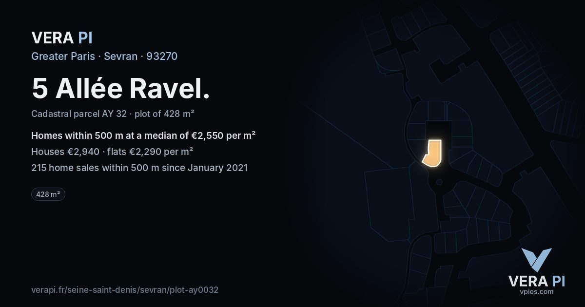 5 Allée Ravel, Sevran at night – the plot lit, the parcels around coloured by the prices near them