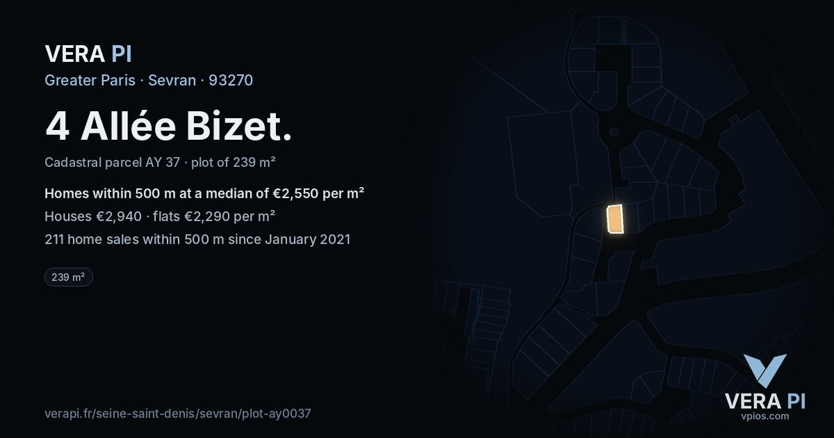 4 Allée Bizet, Sevran at night – the plot lit, the parcels around coloured by the prices near them