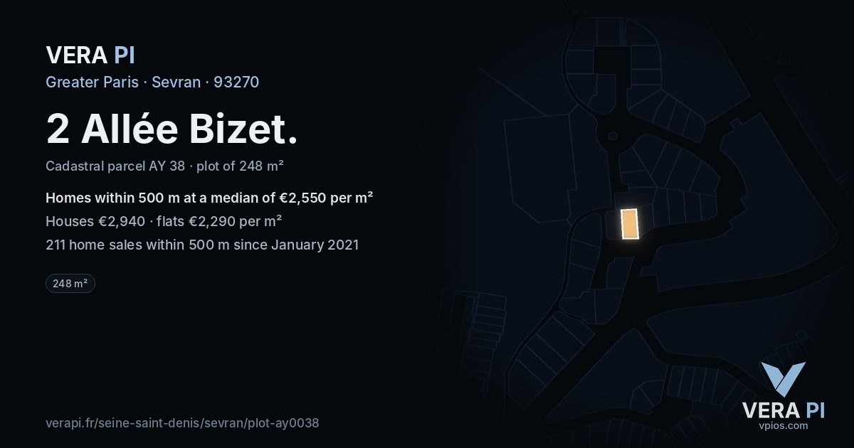 2 Allée Bizet, Sevran at night – the plot lit, the parcels around coloured by the prices near them