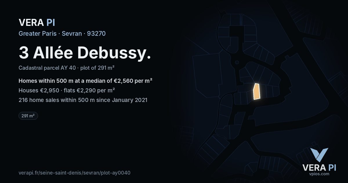 3 Allée Debussy, Sevran at night – the plot lit, the parcels around coloured by the prices near them