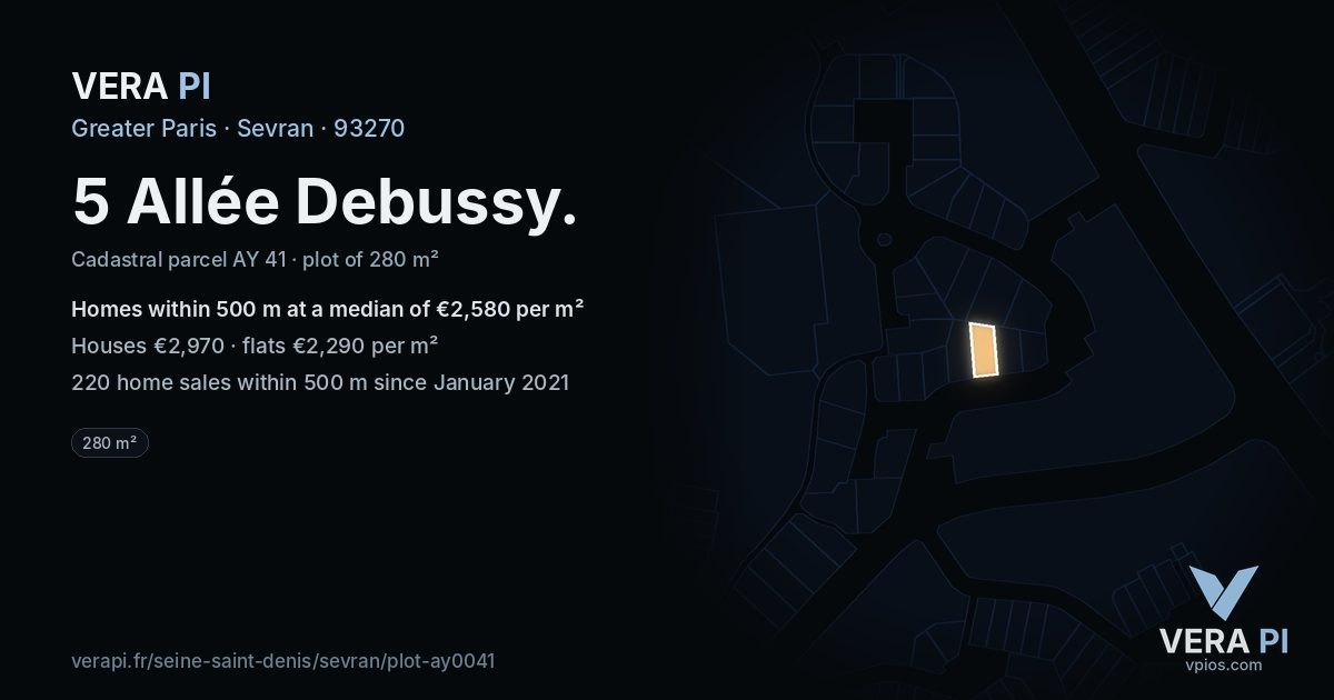 5 Allée Debussy, Sevran at night – the plot lit, the parcels around coloured by the prices near them