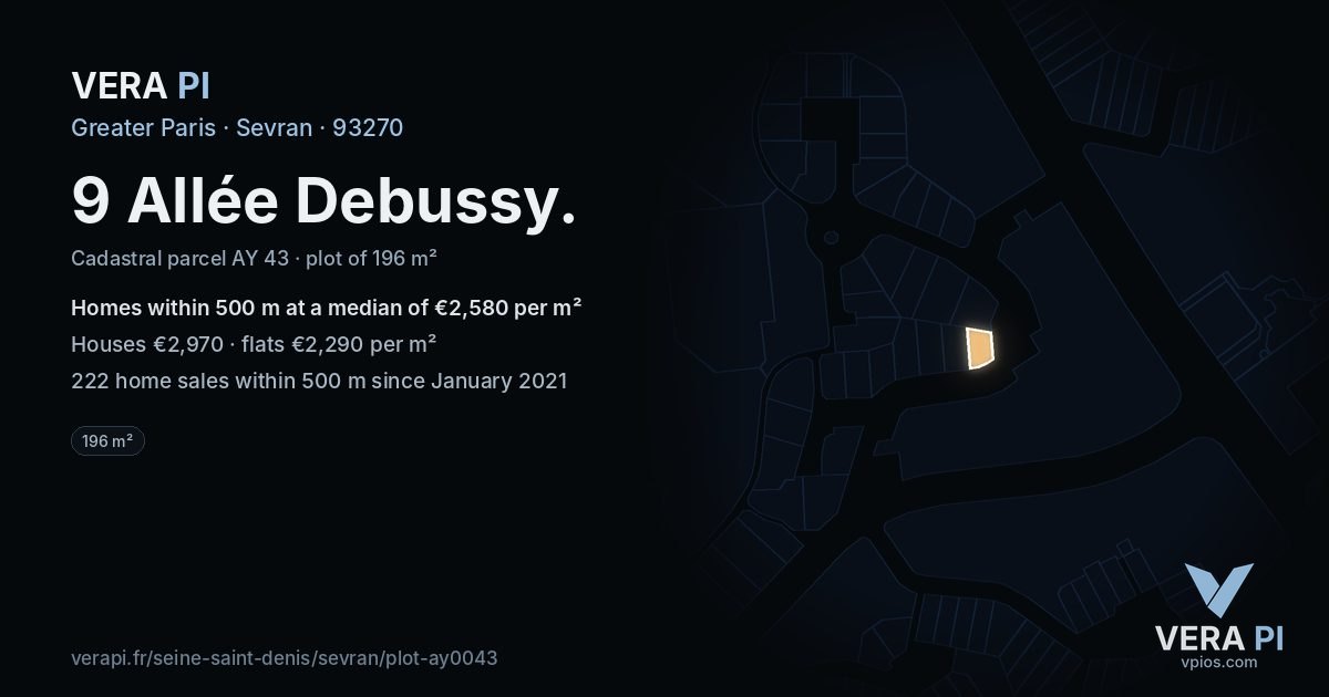 9 Allée Debussy, Sevran at night – the plot lit, the parcels around coloured by the prices near them