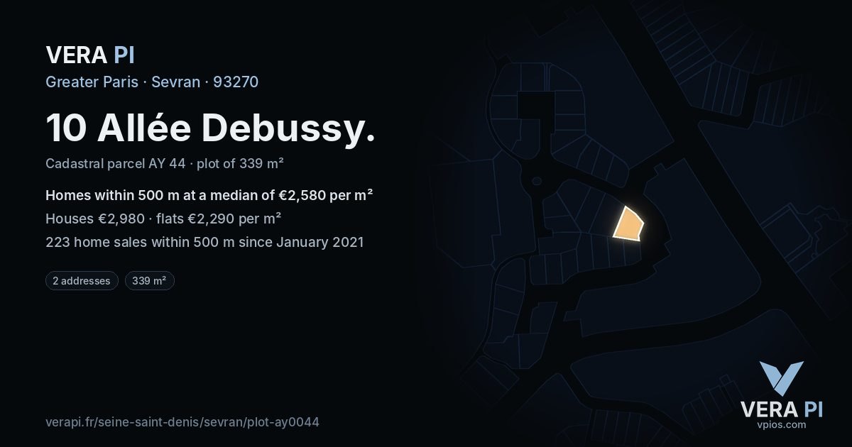 10 Allée Debussy, Sevran at night – the plot lit, the parcels around coloured by the prices near them