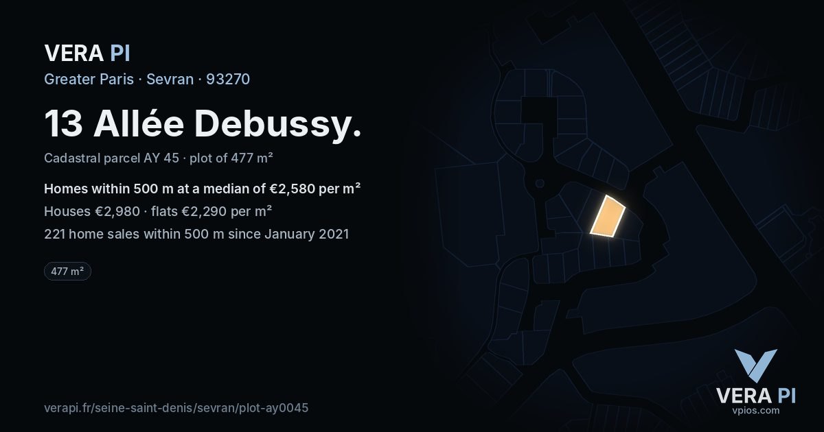 13 Allée Debussy, Sevran at night – the plot lit, the parcels around coloured by the prices near them