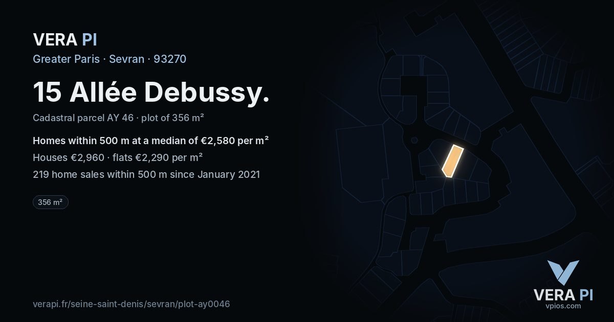 15 Allée Debussy, Sevran at night – the plot lit, the parcels around coloured by the prices near them