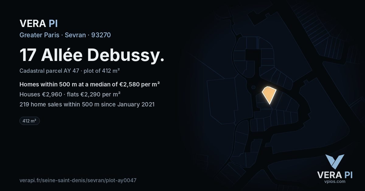 17 Allée Debussy, Sevran at night – the plot lit, the parcels around coloured by the prices near them