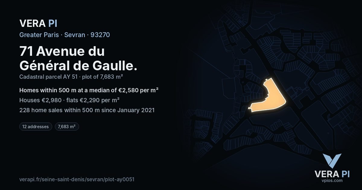 71 Avenue du Général de Gaulle, Sevran at night – the plot lit, the parcels around coloured by the prices near them