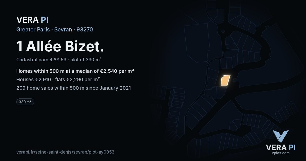 1 Allée Bizet, Sevran at night – the plot lit, the parcels around coloured by the prices near them