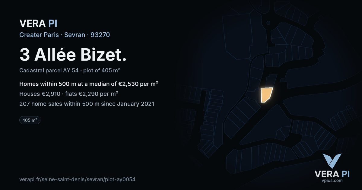 3 Allée Bizet, Sevran at night – the plot lit, the parcels around coloured by the prices near them