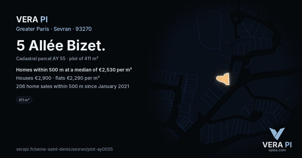 5 Allée Bizet, Sevran at night – the plot lit, the parcels around coloured by the prices near them