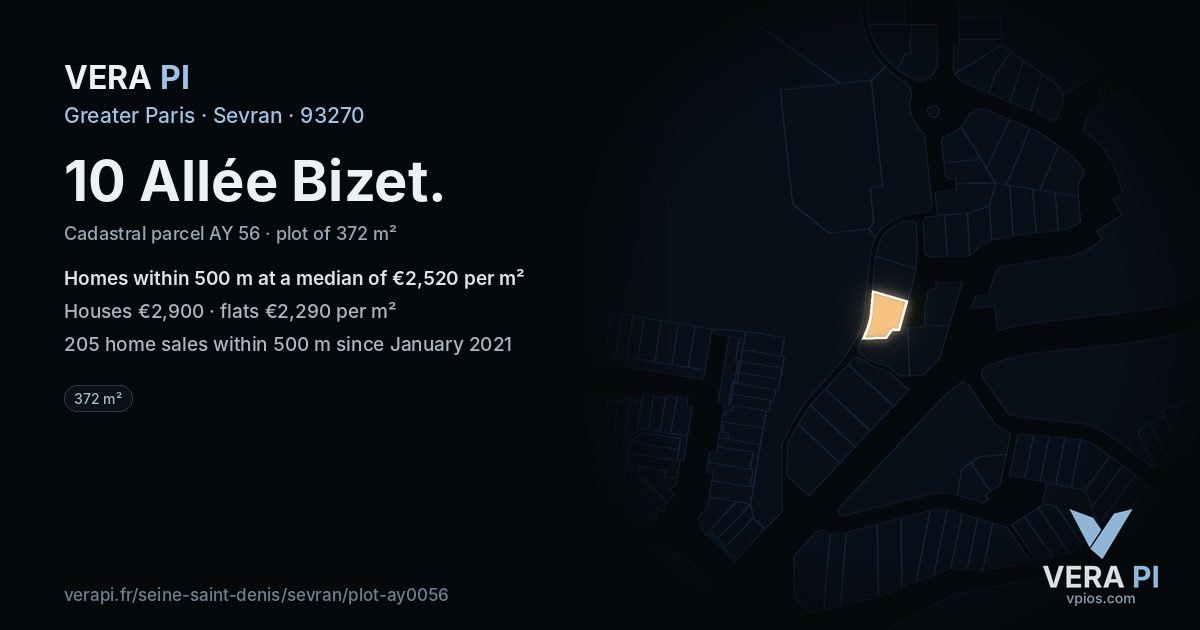 10 Allée Bizet, Sevran at night – the plot lit, the parcels around coloured by the prices near them