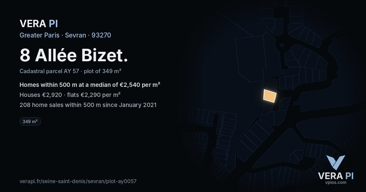 8 Allée Bizet, Sevran at night – the plot lit, the parcels around coloured by the prices near them