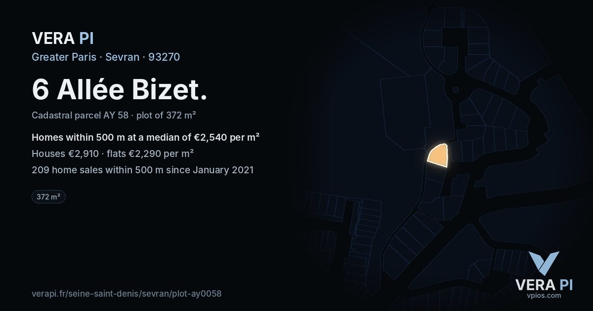 6 Allée Bizet, Sevran at night – the plot lit, the parcels around coloured by the prices near them