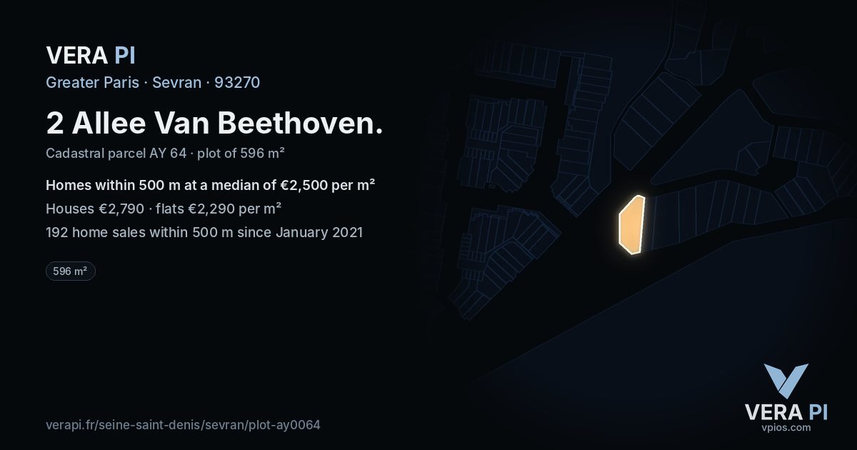 2 Allee Van Beethoven, Sevran at night – the plot lit, the parcels around coloured by the prices near them