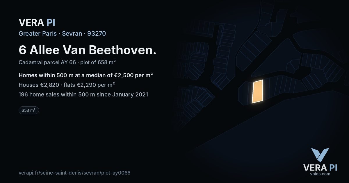 6 Allee Van Beethoven, Sevran at night – the plot lit, the parcels around coloured by the prices near them