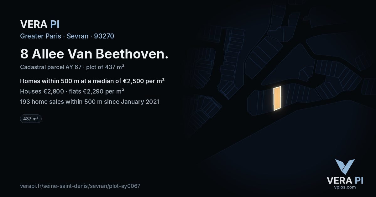 8 Allee Van Beethoven, Sevran at night – the plot lit, the parcels around coloured by the prices near them