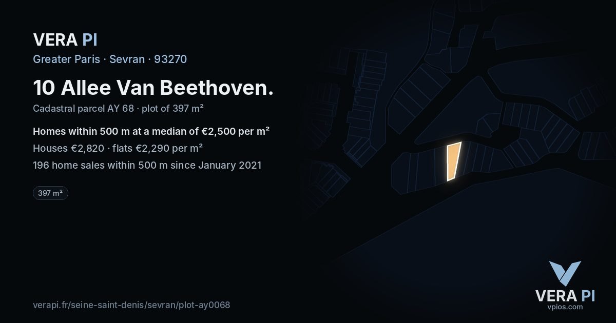10 Allee Van Beethoven, Sevran at night – the plot lit, the parcels around coloured by the prices near them