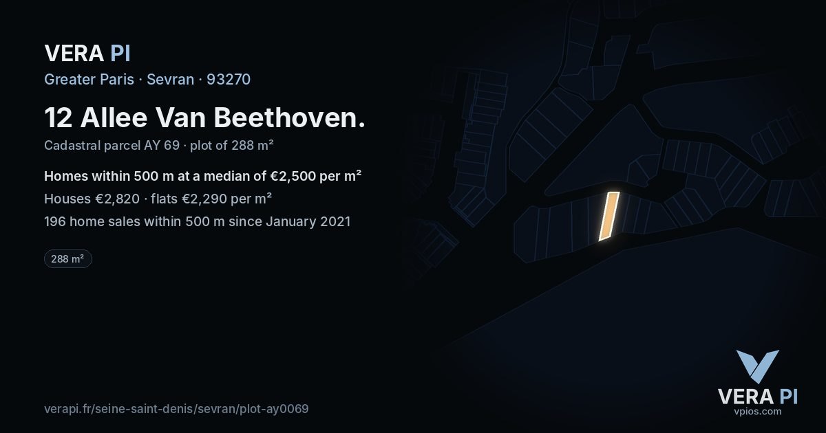 12 Allee Van Beethoven, Sevran at night – the plot lit, the parcels around coloured by the prices near them