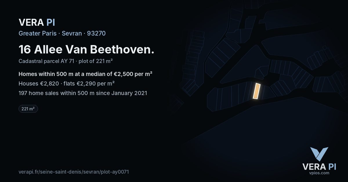 16 Allee Van Beethoven, Sevran at night – the plot lit, the parcels around coloured by the prices near them
