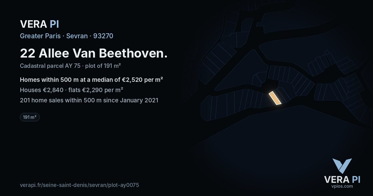 22 Allee Van Beethoven, Sevran at night – the plot lit, the parcels around coloured by the prices near them