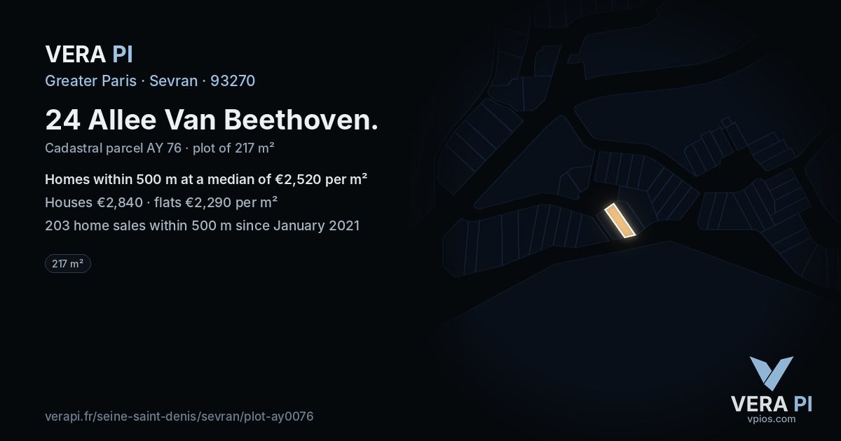 24 Allee Van Beethoven, Sevran at night – the plot lit, the parcels around coloured by the prices near them