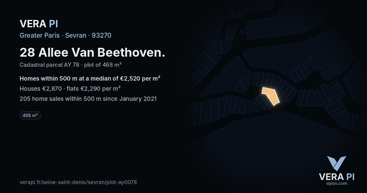 28 Allee Van Beethoven, Sevran at night – the plot lit, the parcels around coloured by the prices near them