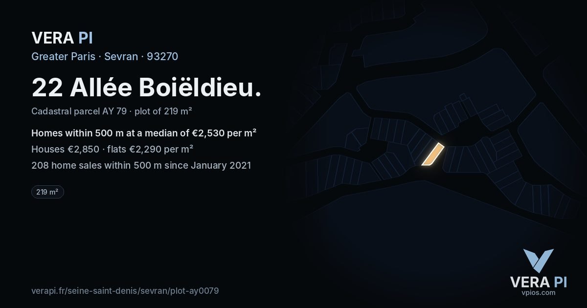 22 Allée Boiëldieu, Sevran at night – the plot lit, the parcels around coloured by the prices near them