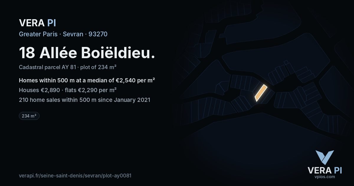 18 Allée Boiëldieu, Sevran at night – the plot lit, the parcels around coloured by the prices near them