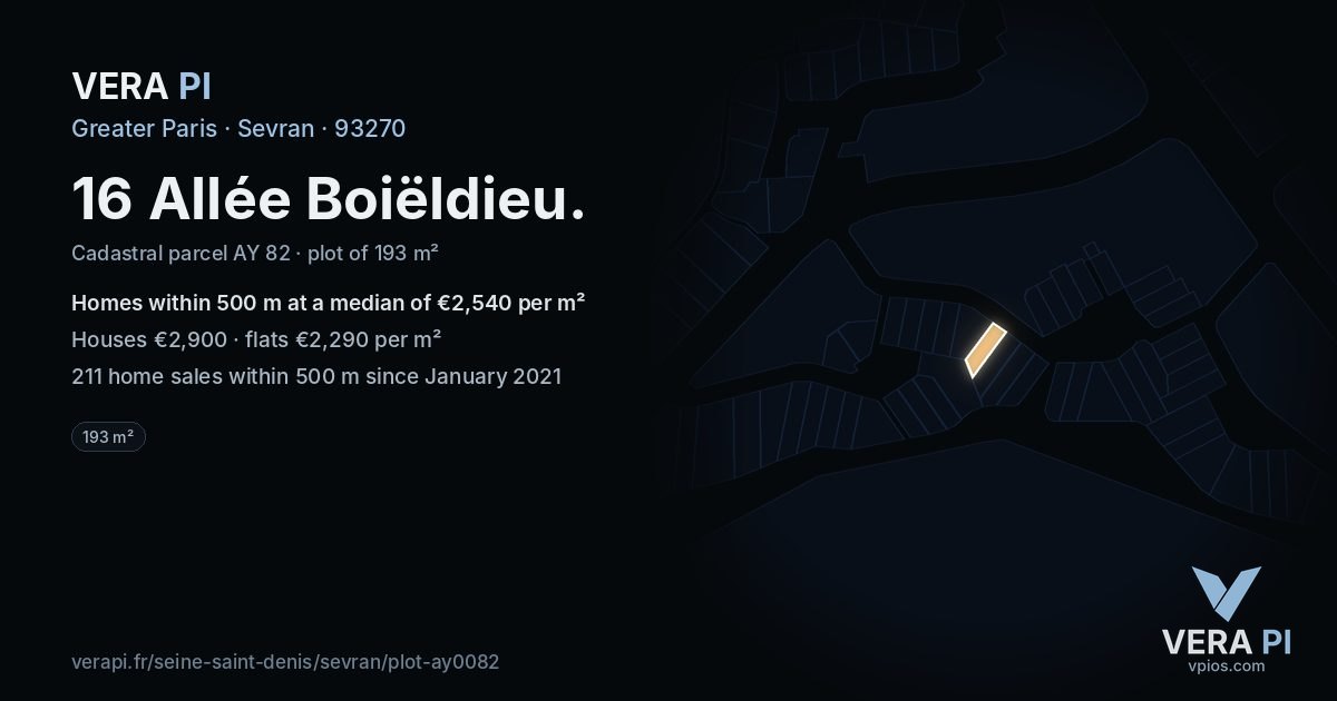 16 Allée Boiëldieu, Sevran at night – the plot lit, the parcels around coloured by the prices near them
